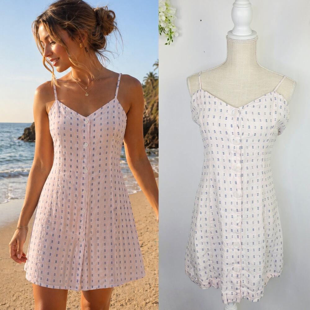 Sam & Lavi Mini Dress Large Pale Pink Faux Button Cutout Back Cottage Beachy